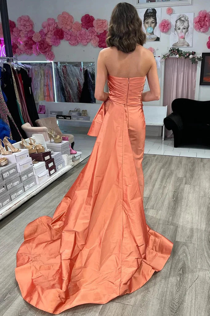 Strapless Ruched Maxi  Prom Dress With Court Train