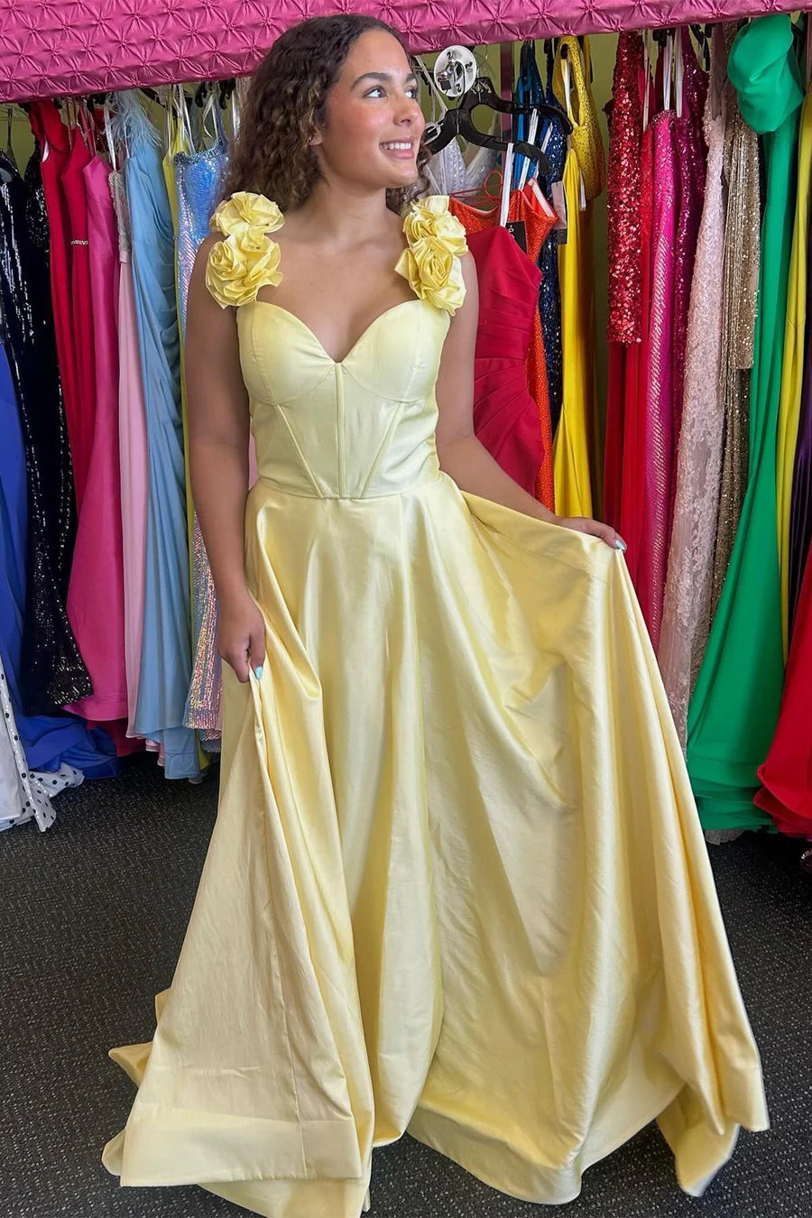 Corset A-Line Long Prom Dress with Rosette Straps