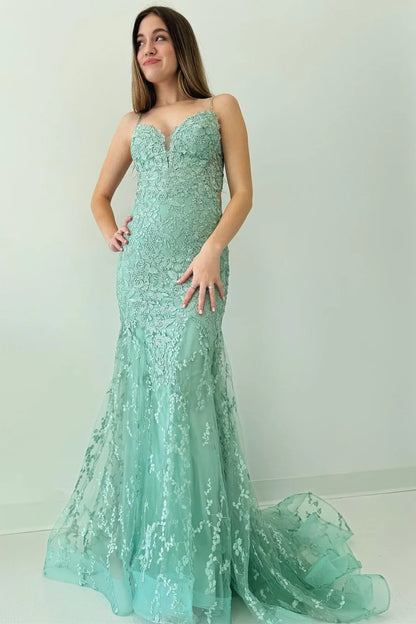 Appliques Spaghetti Strap Mermaid Long Prom Dress