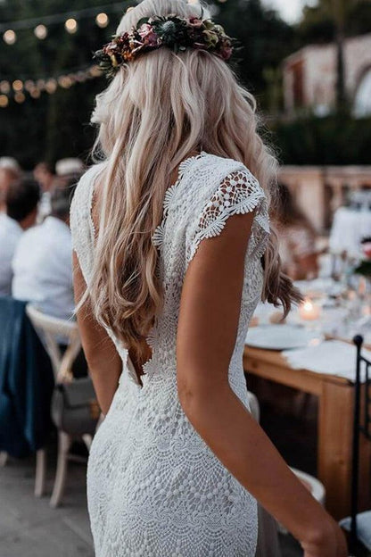 Mermaid Backless Lace Boho Cap Sleeve Bohemian Wedding Dress