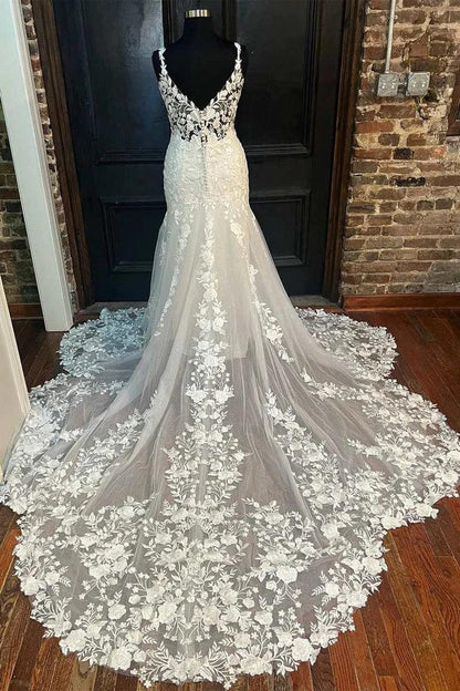 Mermaid Floral Lace V-Neck Long Wedding Dress Bridal Gown