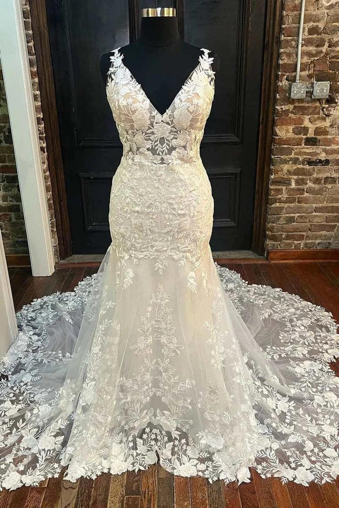 Mermaid Floral Lace V-Neck Long Wedding Dress Bridal Gown