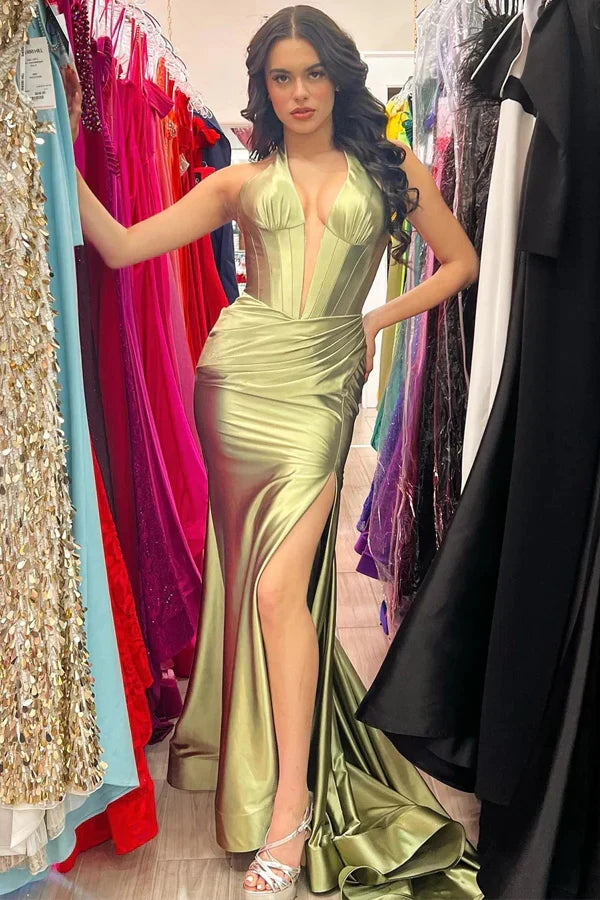 Halter Mermaid Long Prom Dress with Slit