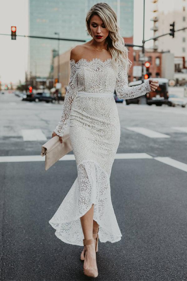 Mermaid Off-the-Shoulder High Low Lace Wedding Dress with Long Sleeves