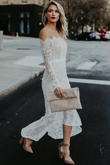 Mermaid Off-the-Shoulder High Low Lace Wedding Dress with Long Sleeves