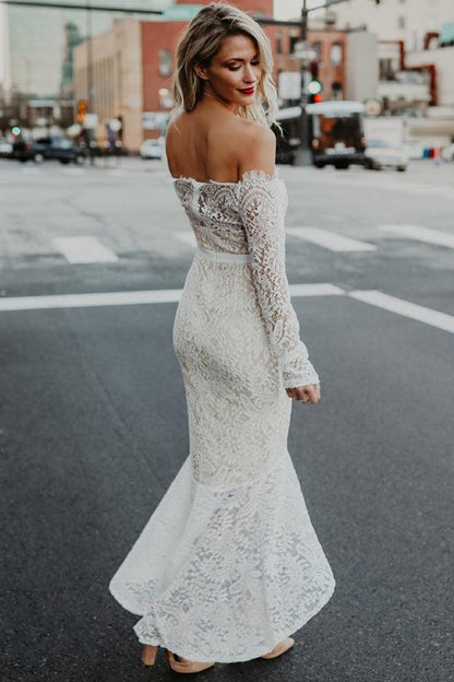 Mermaid Off-the-Shoulder High Low Lace Wedding Dress with Long Sleeves