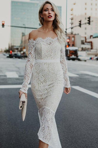 Mermaid Off-the-Shoulder High Low Lace Wedding Dress with Long Sleeves