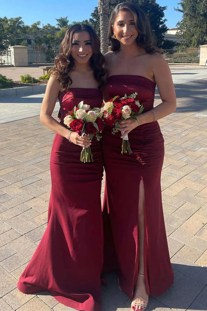 Mermaid Satin Strapless Burgundy Bridesmaid Dress with Slit