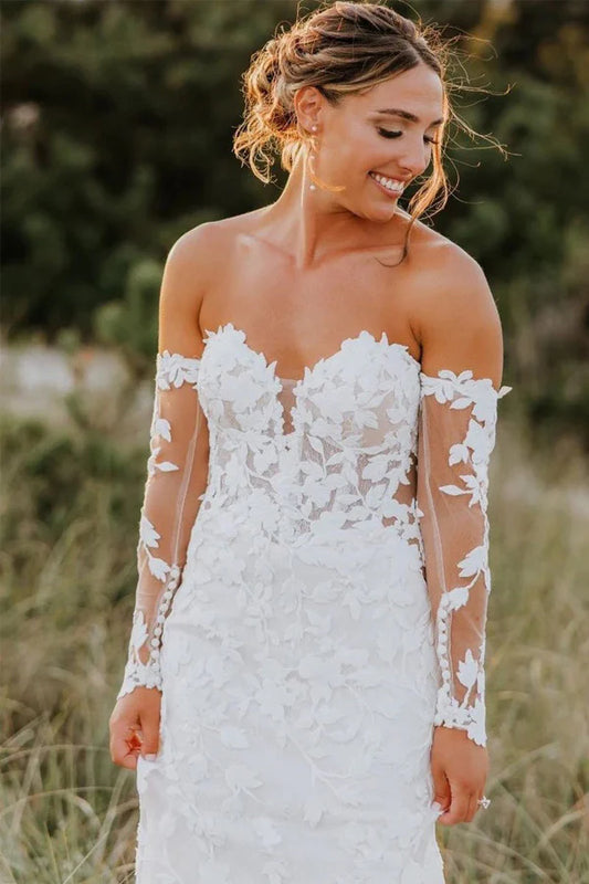 Mermaid Sweetheart Tulle Appliques Long Sleeve Wedding Dress