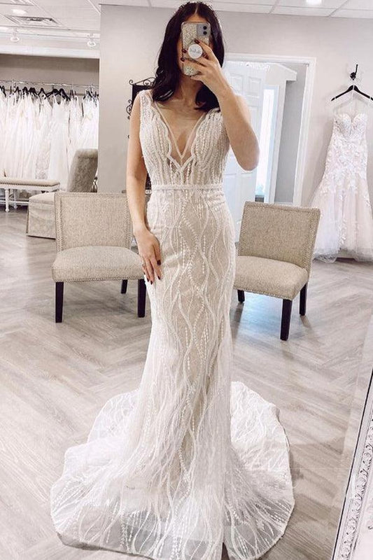 Mermaid V Neck Lace Wedding Dresses Backless Bridal Gown