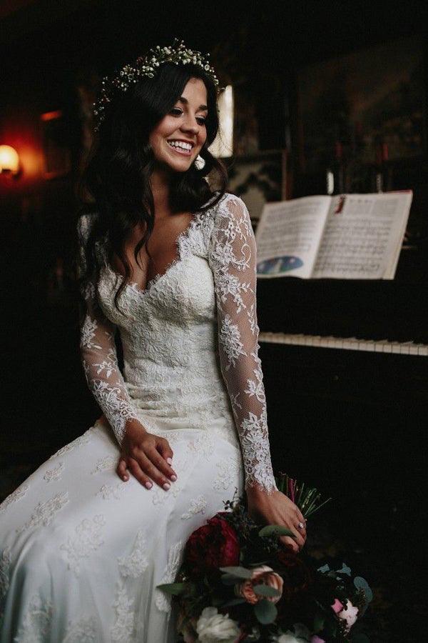 Mermaid V Neck Wedding Dress Long Sleeve Lace Bridal Gown