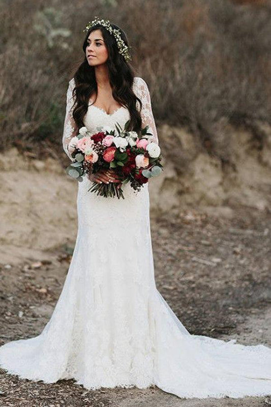 Mermaid V Neck Wedding Dress Long Sleeve Lace Bridal Gown