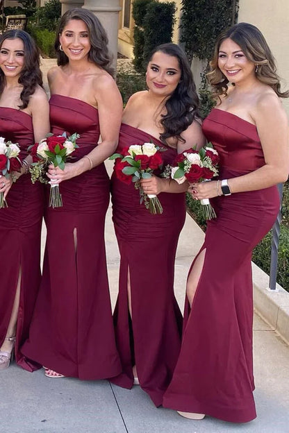 Mermaid Satin Strapless Burgundy Bridesmaid Dress with Slit