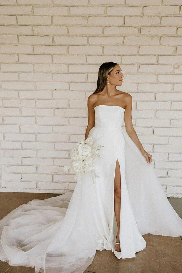 Modest Strapless Satin Detachable Tulle Wedding Dresses