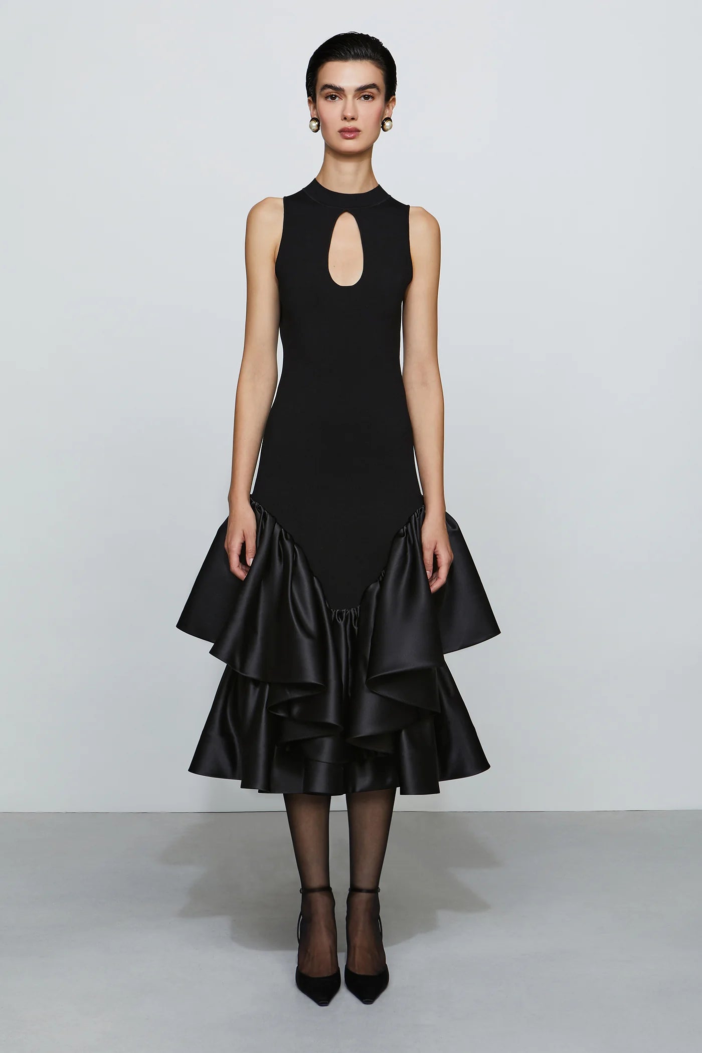 Modern Black High Neck Cut-Out Detail Sleeveless Double Ruffle Midi Evening Dress