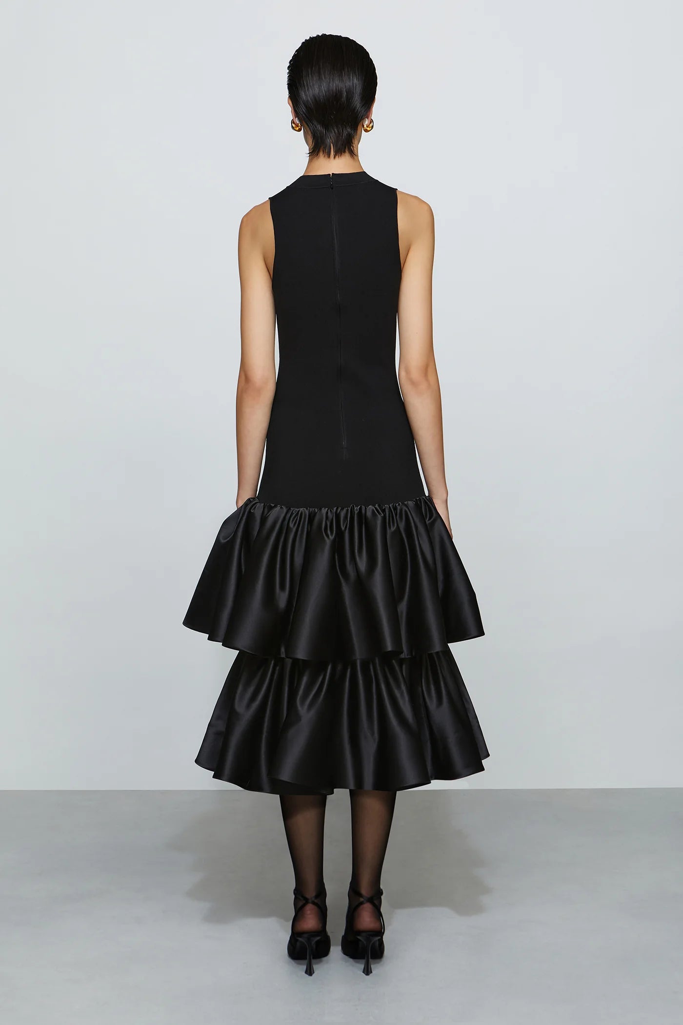 Modern Black High Neck Cut-Out Detail Sleeveless Double Ruffle Midi Evening Dress