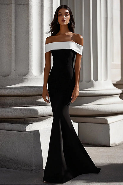 Modern Black and White Two-Tone Off-Shoulder Mermaid Floor Length Evening Dress