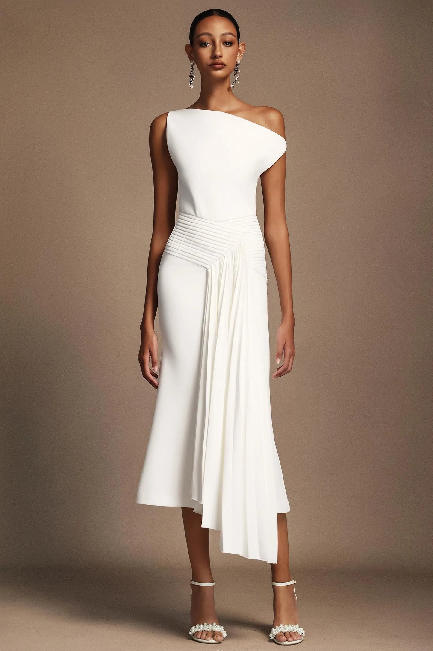 Modern Ivory Asymmetric One-Shoulder Midi Gown with Draped Detail: Evening Dresses
