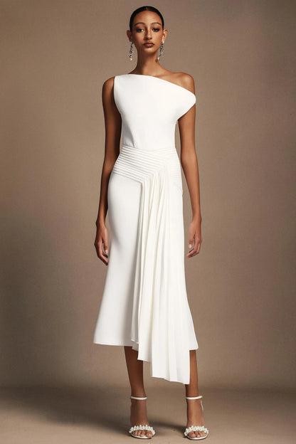 Modern Ivory Asymmetric One-Shoulder Midi Gown with Draped Detail: Evening Dresses