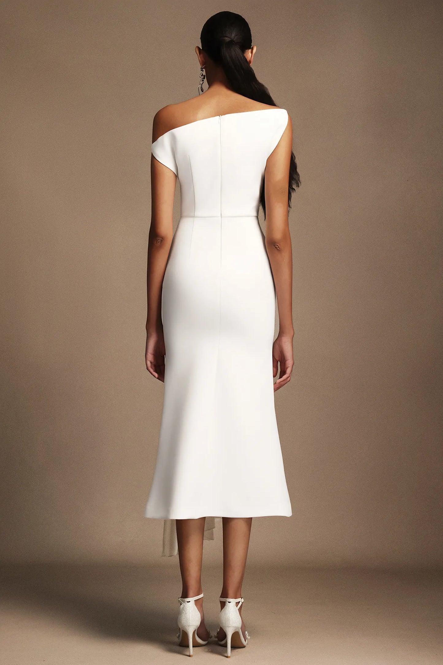 Modern Ivory Asymmetric One-Shoulder Midi Gown with Draped Detail: Evening Dresses