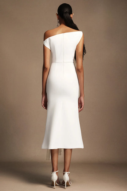 Modern Ivory Asymmetric One-Shoulder Midi Gown with Draped Detail: Evening Dresses