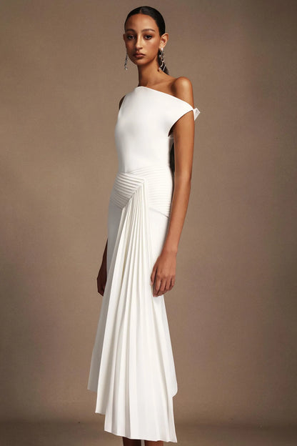 Modern Ivory Asymmetric One-Shoulder Midi Gown with Draped Detail: Evening Dresses