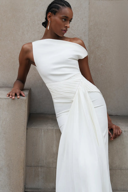Modern Ivory Asymmetric One-Shoulder Midi Gown with Draped Detail: Evening Dresses
