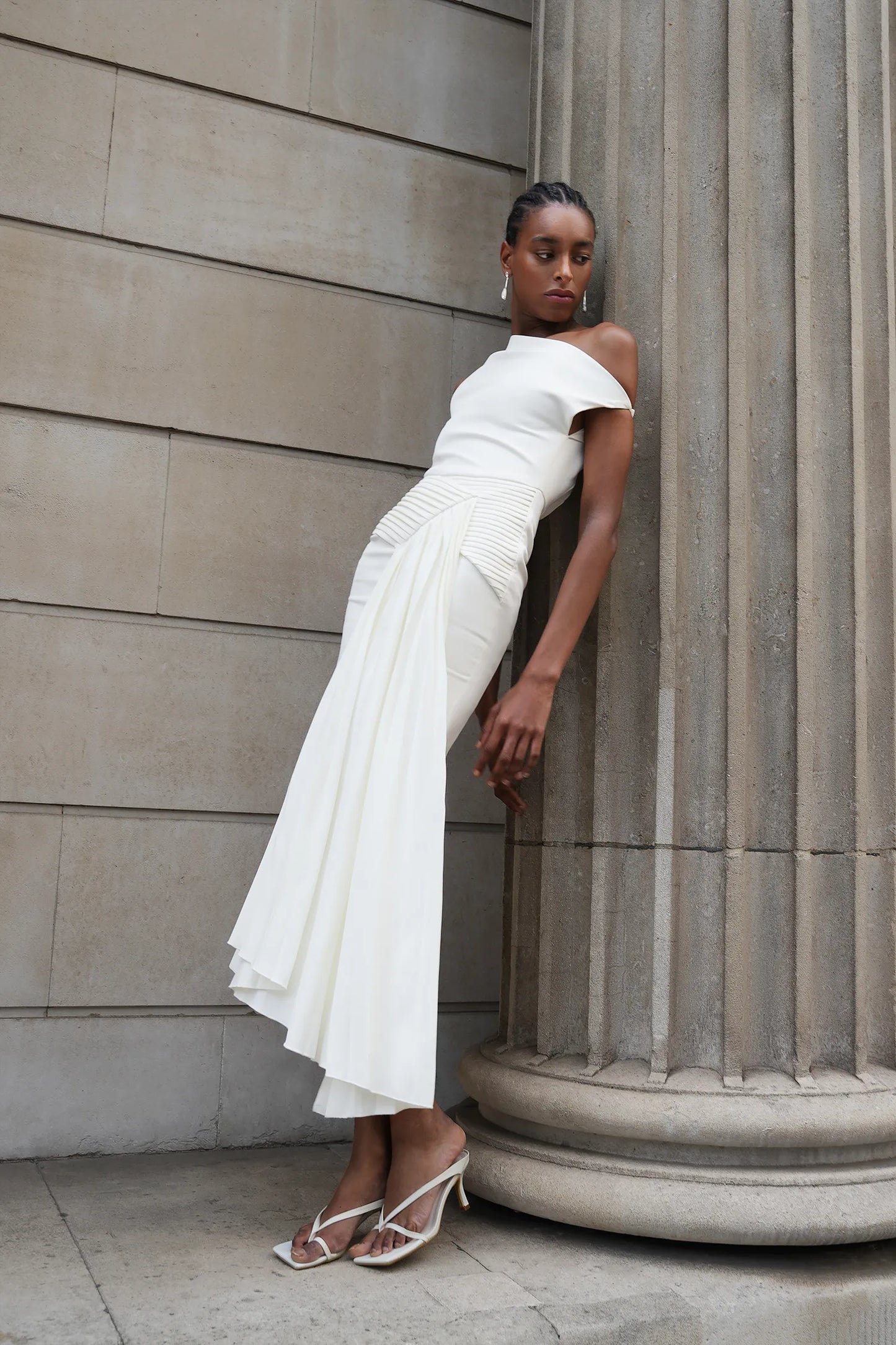 Modern Ivory Asymmetric One-Shoulder Midi Gown with Draped Detail: Evening Dresses