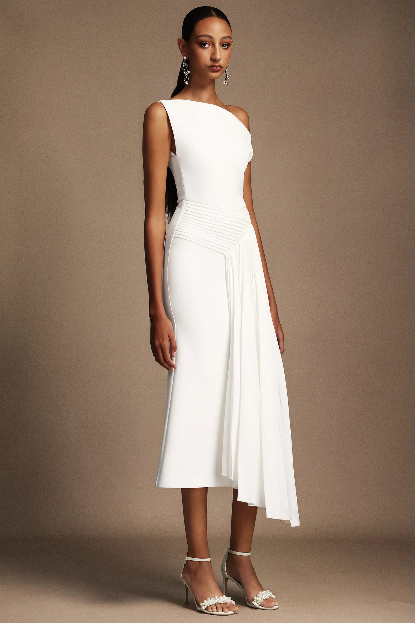 Modern Ivory Asymmetric One-Shoulder Midi Gown with Draped Detail: Evening Dresses