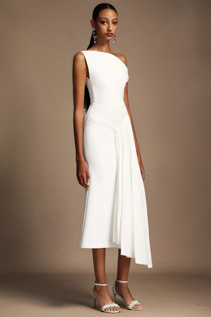 Modern Ivory Asymmetric One-Shoulder Midi Gown with Draped Detail: Evening Dresses