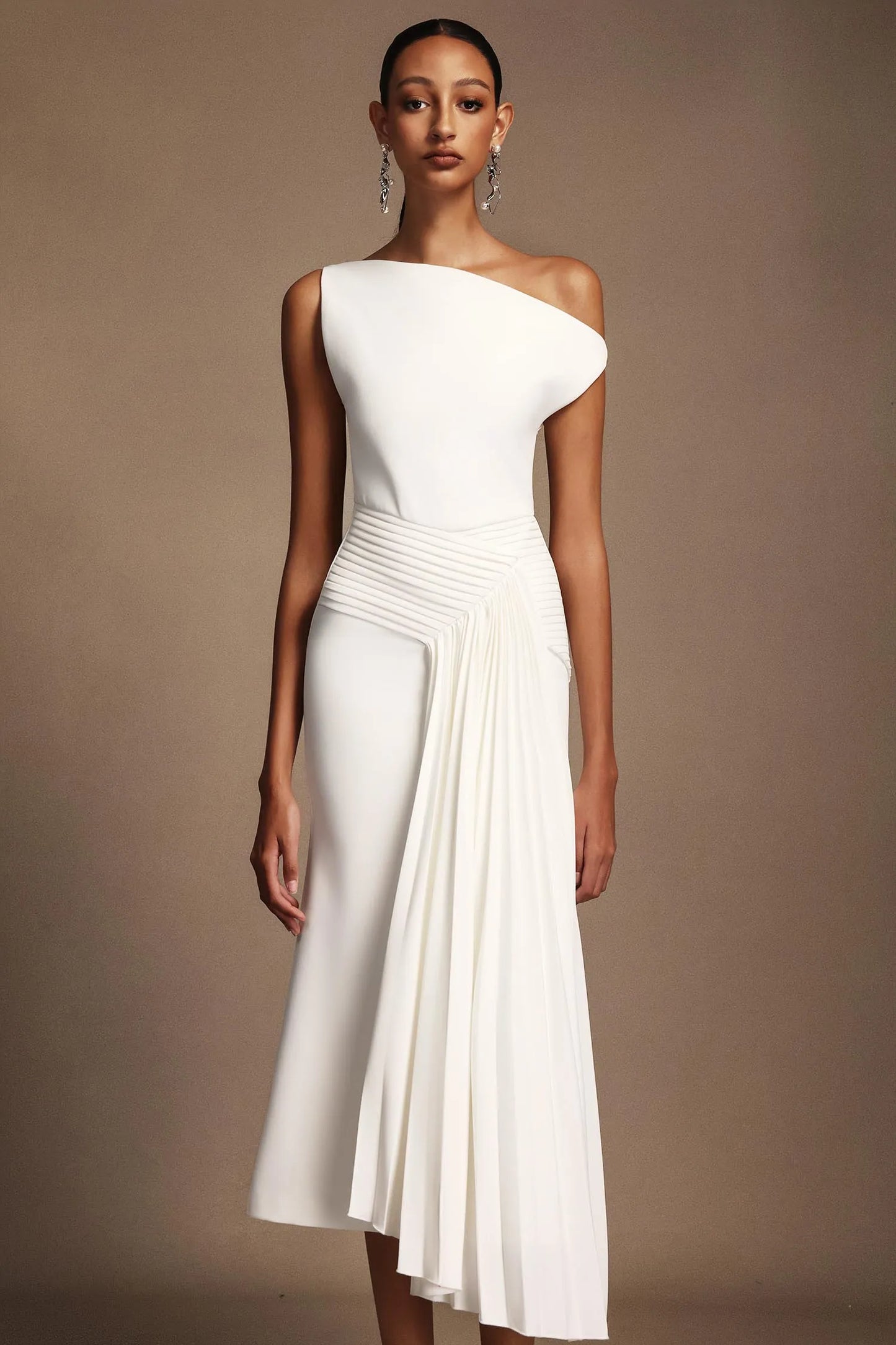 Modern Ivory Asymmetric One-Shoulder Midi Gown with Draped Detail: Evening Dresses