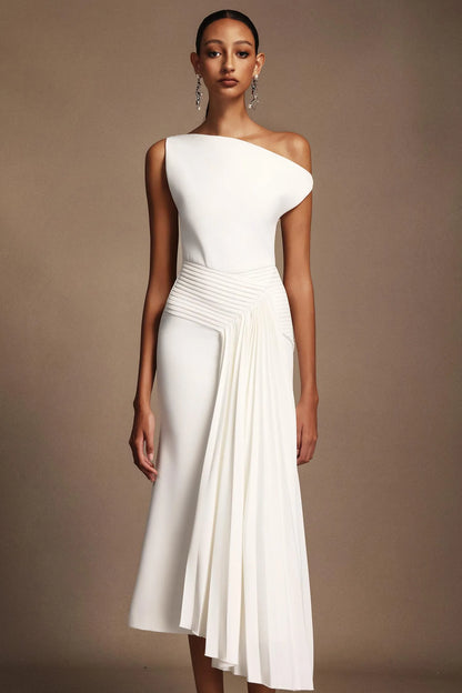 Modern Ivory Asymmetric One-Shoulder Midi Gown with Draped Detail: Evening Dresses