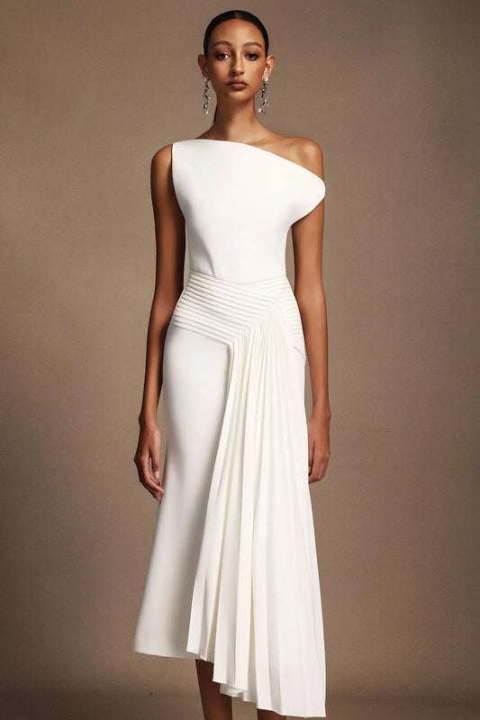 Modern Ivory Asymmetric One-Shoulder Midi Gown with Draped Detail: Evening Dresses