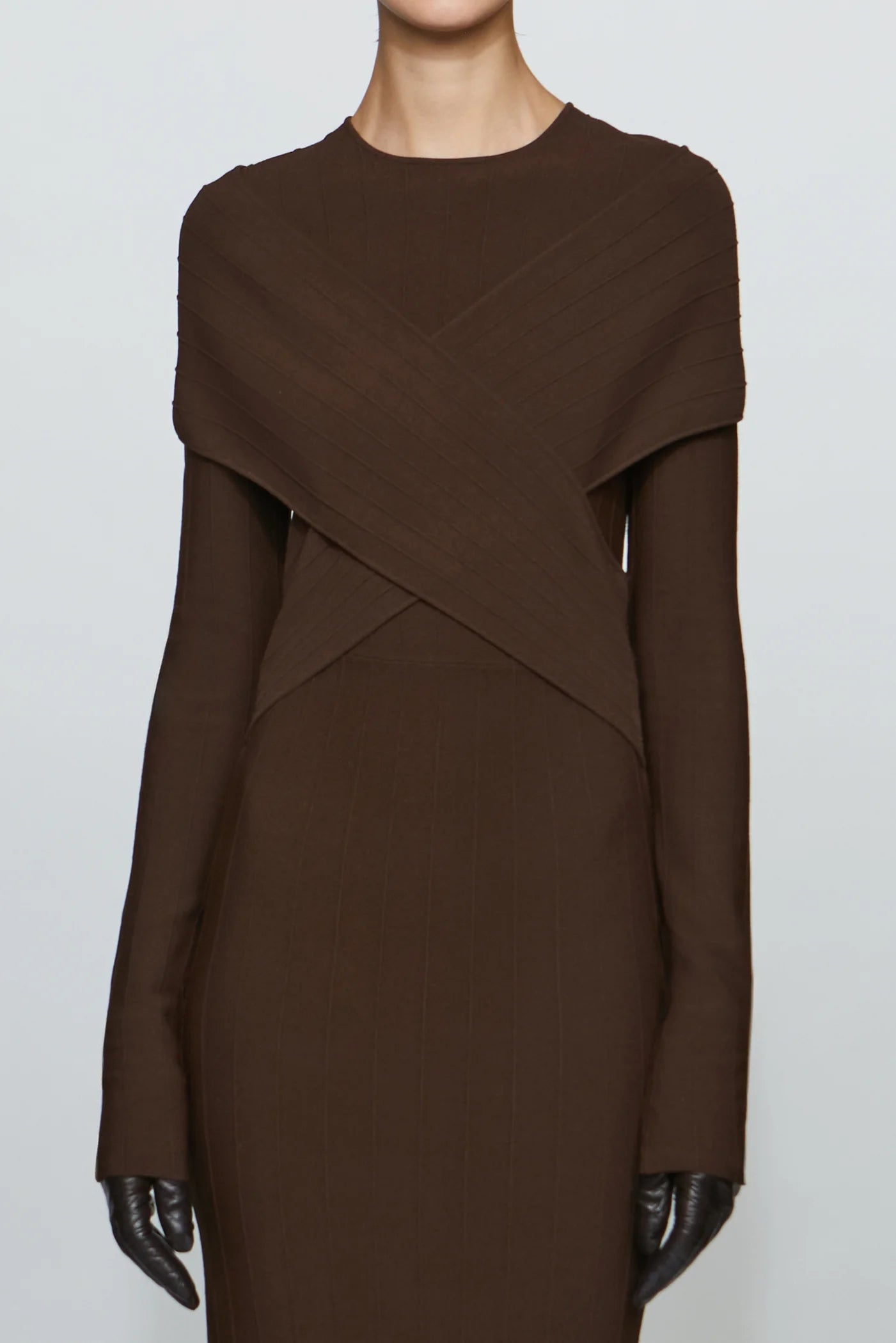 Modern Mocha Brown Ribbed Knit Crew Neck Cross-Over Detail Long Sleeve Mermaid Hem Floor-Length Evening Dress