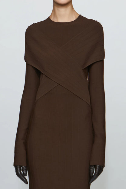 Modern Mocha Brown Ribbed Knit Crew Neck Cross-Over Detail Long Sleeve Mermaid Hem Floor-Length Evening Dress