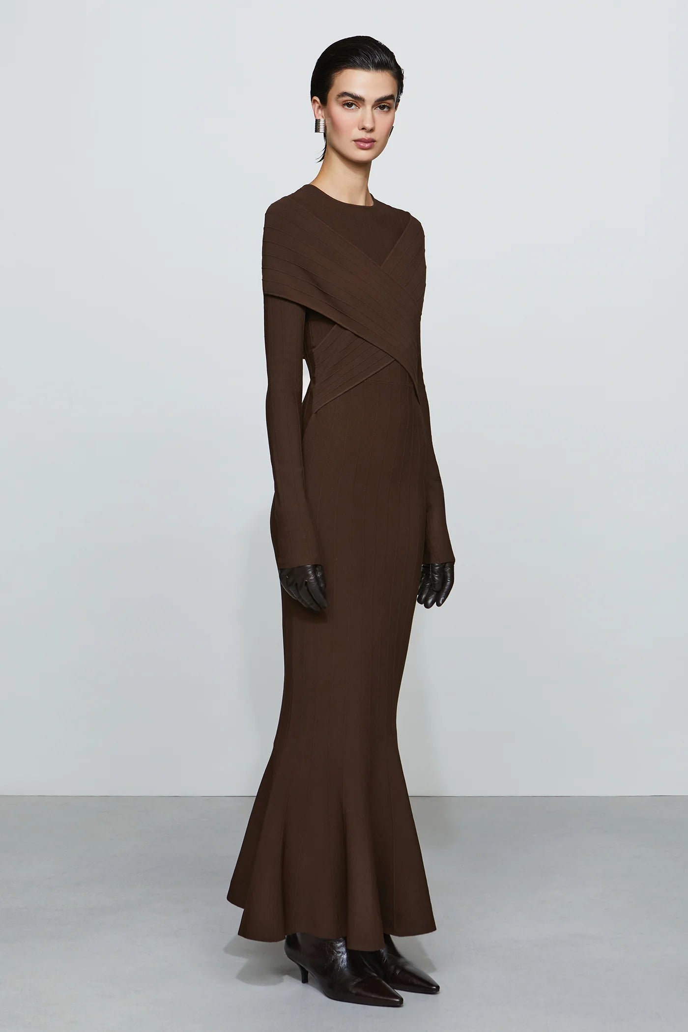 Modern Mocha Brown Ribbed Knit Crew Neck Cross-Over Detail Long Sleeve Mermaid Hem Floor-Length Evening Dress