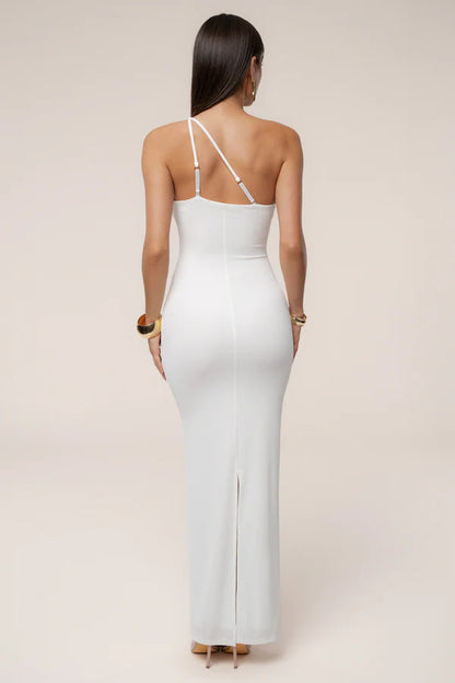 Modern White Asymmetric Halter Maxi Dress with Cutout Detail, Evening Dresses