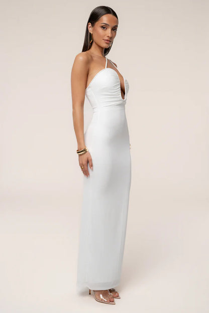Modern White Asymmetric Halter Maxi Dress with Cutout Detail, Evening Dresses