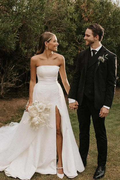 Modest Strapless Satin Detachable Tulle Wedding Dresses