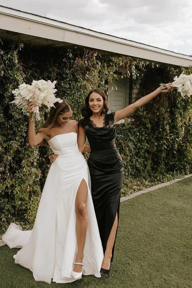 Modest Strapless Satin Detachable Tulle Wedding Dresses