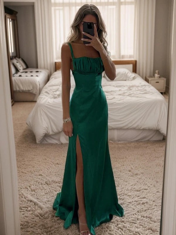 My Hers Ladies Formal Dress Elegant Sheath Pleated Spaghetti Straps Sleeveless Side Fork Sweep Train Dresses Fashion Prom Dress