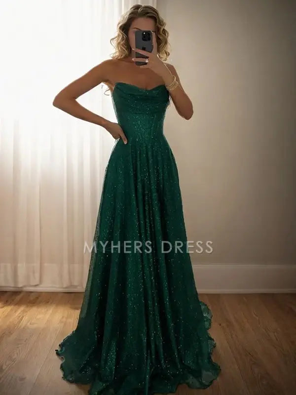 My Hers Ladies Formal Dress Gorgeous A-line Strapless Pleated Sweep Train Sparkle Prom Dress