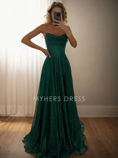 My Hers Ladies Formal Dress Gorgeous A-line Strapless Pleated Sweep Train Sparkle Prom Dress