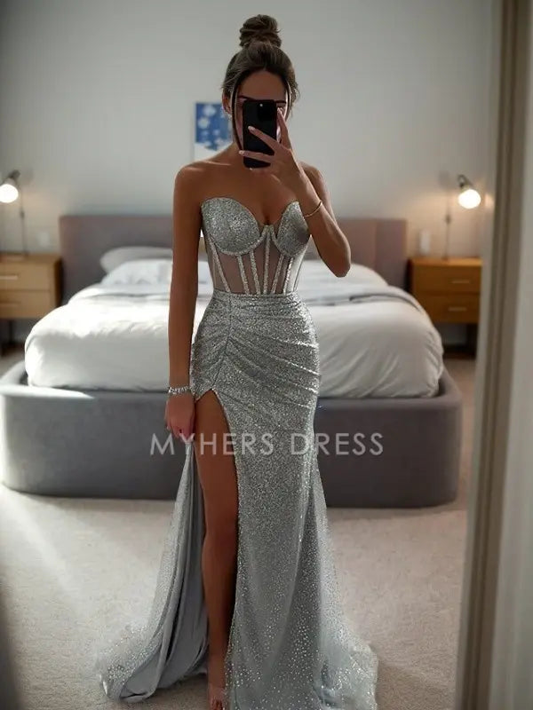 My Hers Ladies Formal Dress Mermaid Sheath Strapless Sweetheart Sleeveless Pleated Side Fork Sweep Train Dresses Charming Prom Dress