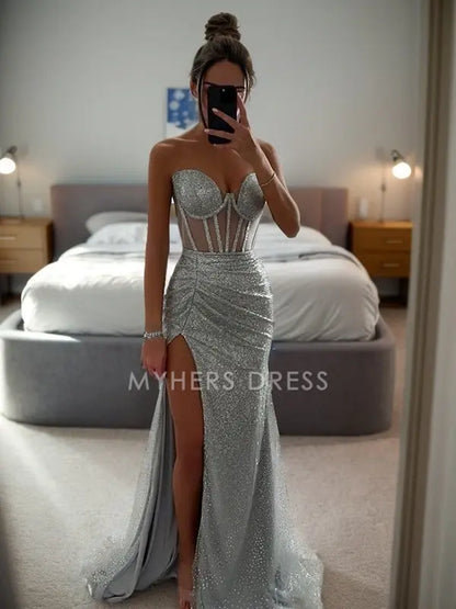 My Hers Ladies Formal Dress Mermaid Sheath Strapless Sweetheart Sleeveless Pleated Side Fork Sweep Train Dresses Charming Prom Dress