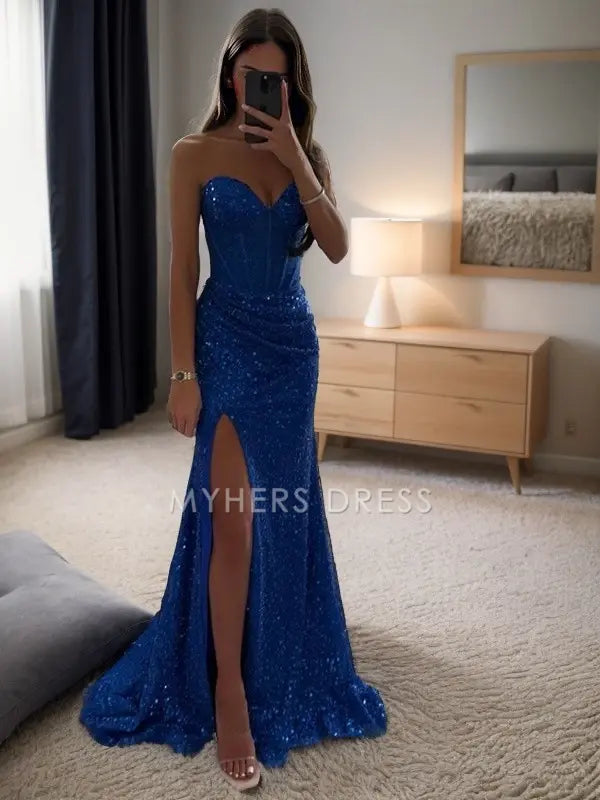 My Hers Ladies Formal Dress Sequins Sheath Strapless Sweetheart Sleeveless Pleated Sweep Train Dresses Fashion Prom Dress
