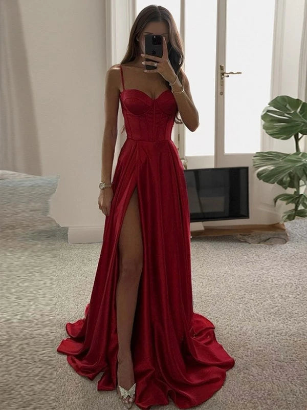 My Hers Ladies Formal Dress A-line Sweetheart Spaghetti Straps Ruffles Side Fork Sweep Train Elegant Prom Dress