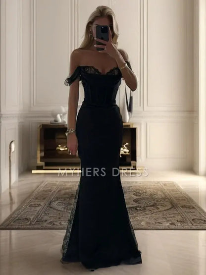 My Hers Ladies Formal Dress Mermaid Sheath Off-the-Shoulder Sweetheart Pleated Floor-Length Fashion Prom Dress
