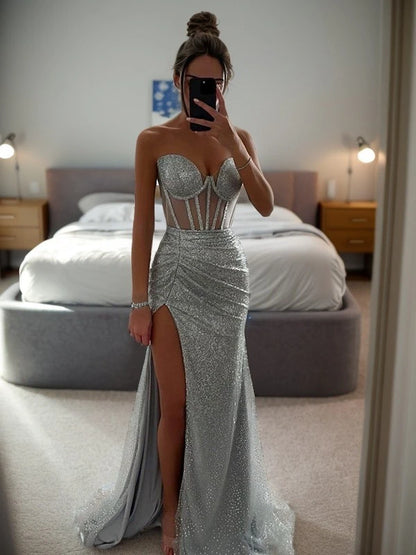 My Hers Ladies Formal Dress Mermaid Sheath Strapless Sweetheart Sleeveless Pleated Side Fork Sweep Train Dresses Charming Prom Dress