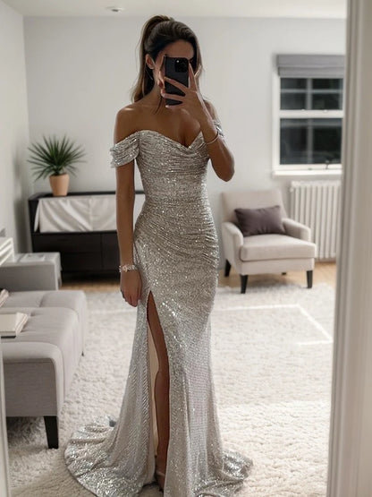 My Hers Ladies Formal Dress Sequin Sheath Off-the-Shoulder V Neck Sleeveless Pleated Side Fork Sweep Train Dresses Charming Prom Dress